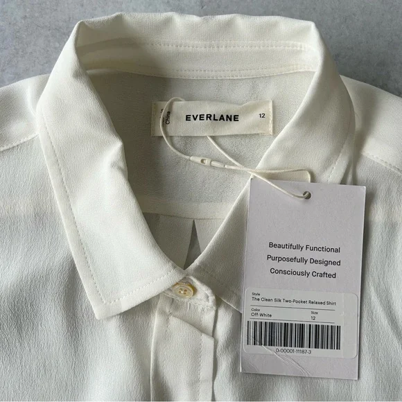 EVERLANE The Washable Clean Silk Two-Pocket Relaxed Shirt, Off-White 12 NWT